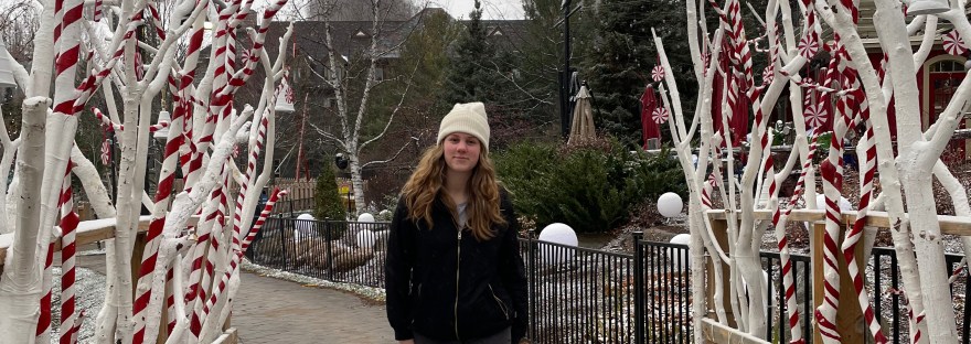 Christmas photo of a girl on a bridge surrounded by white and red striped painted branches