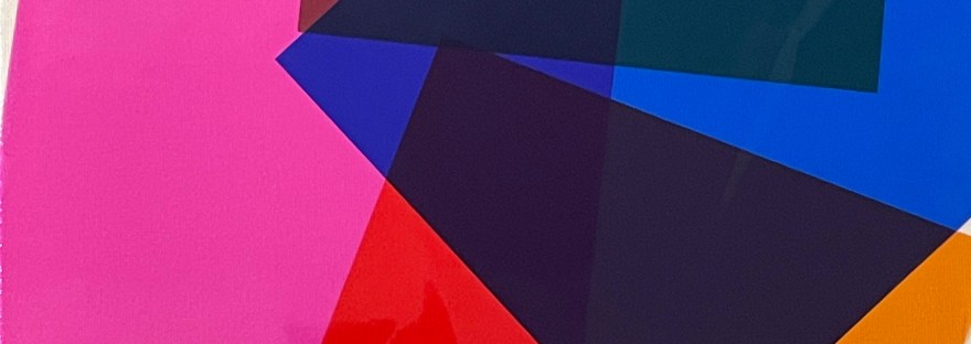 Four coloured transparent squares on a white background